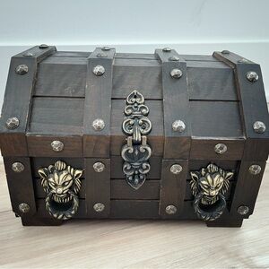 Vintage Wooden Pirate Treasure Chest Jewelry Box with Metal Lion Head Details